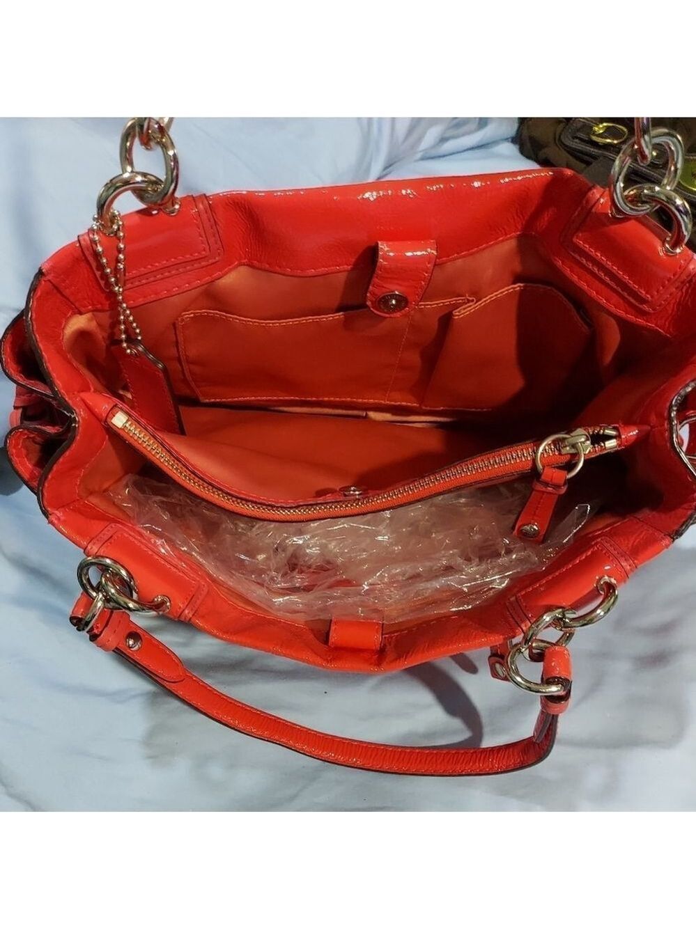 Coach Peyton Patent Leather Turnkey Satchel Carryall Coral handbag purse - Picture 6 of 12